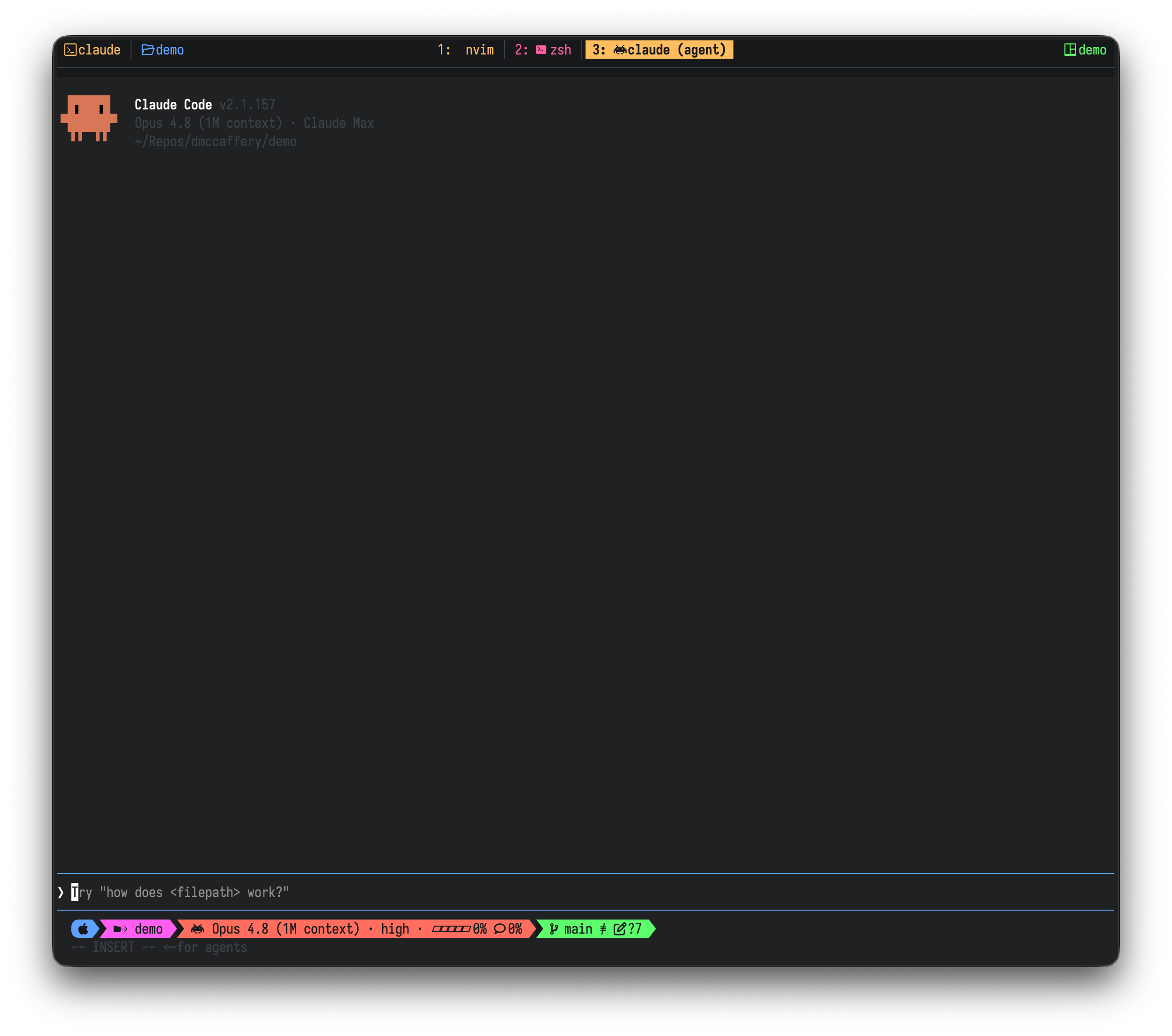 Claude Code running in the terminal with the cyberdream theme and oh-my-posh status line