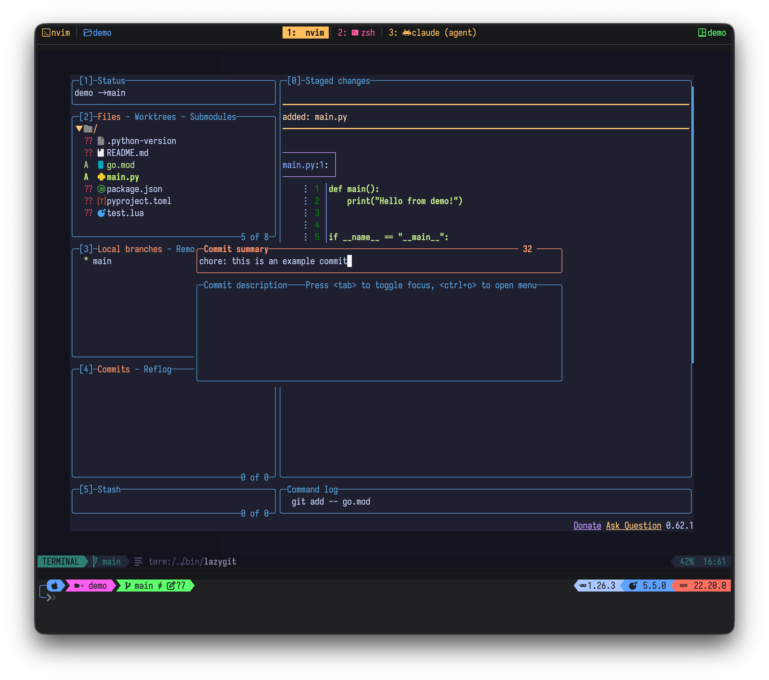 lazygit browsing a repository with the cyberdream theme