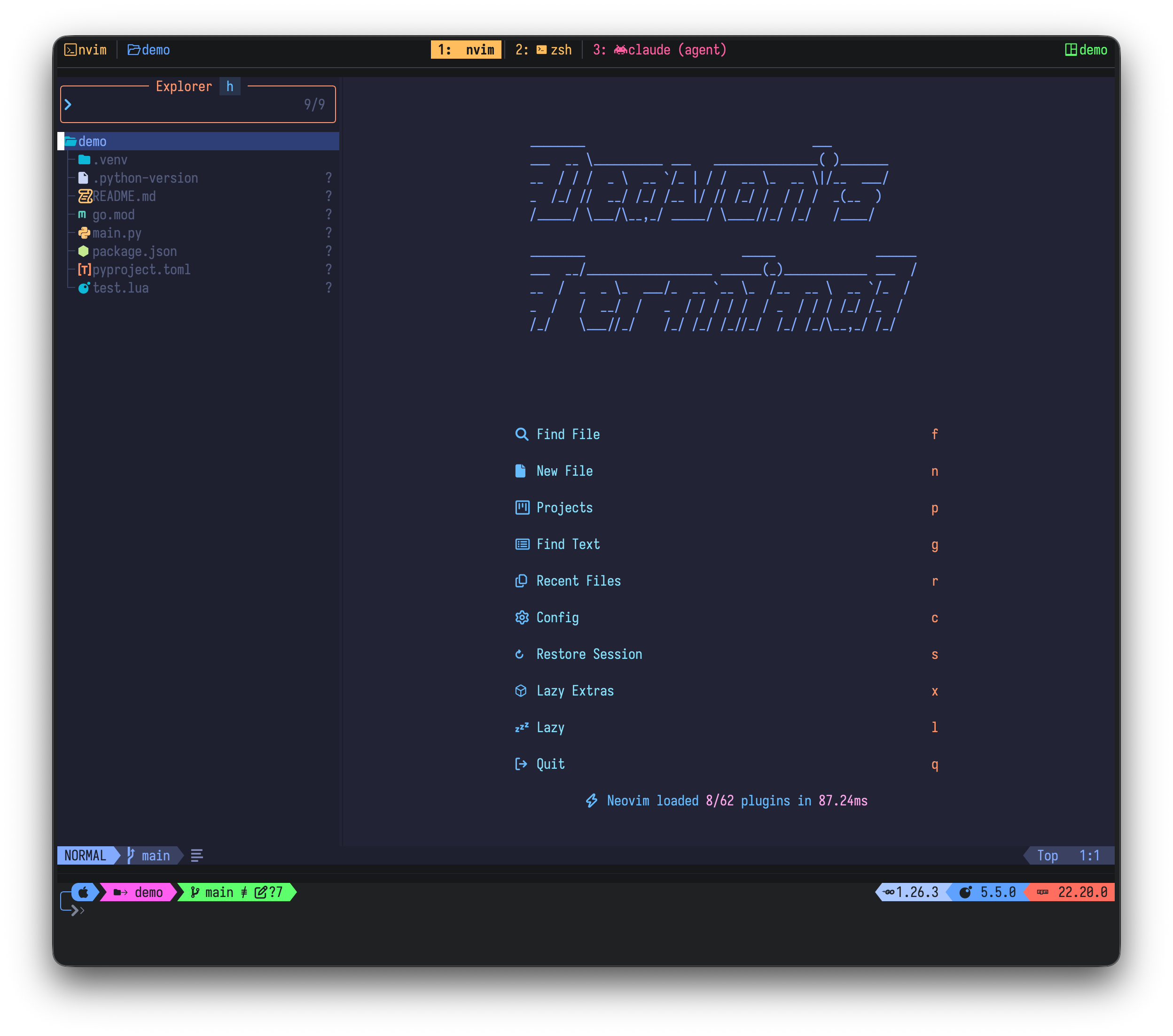 NeoVim with LazyVim and the cyberdream colorscheme editing a buffer