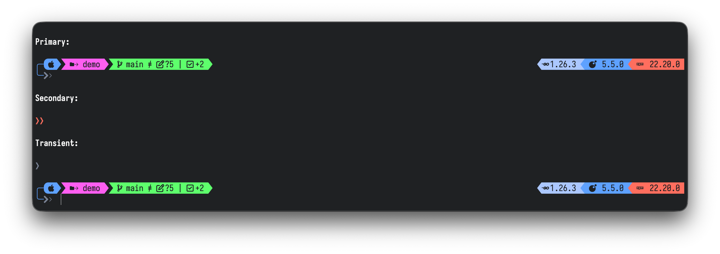 The oh-my-posh prompt rendered in the cyberdream palette