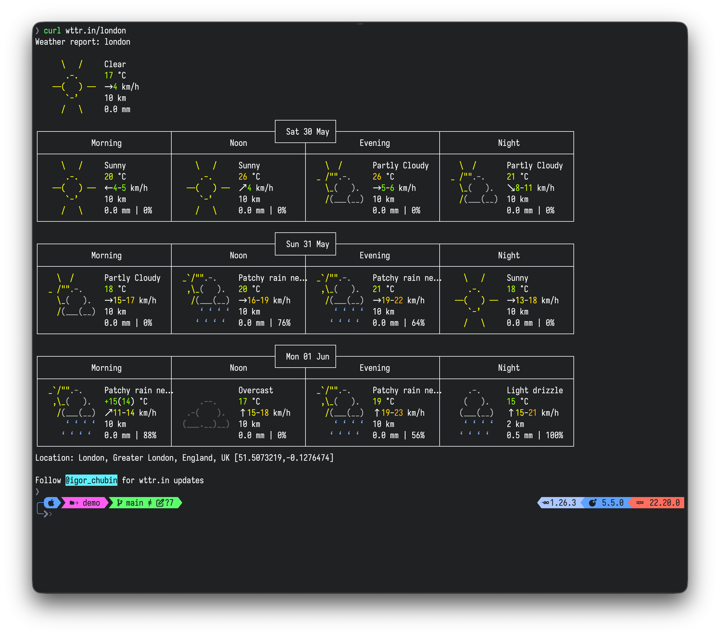 Ghostty running Zsh with the cyberdream-themed oh-my-posh prompt and CLI tooling