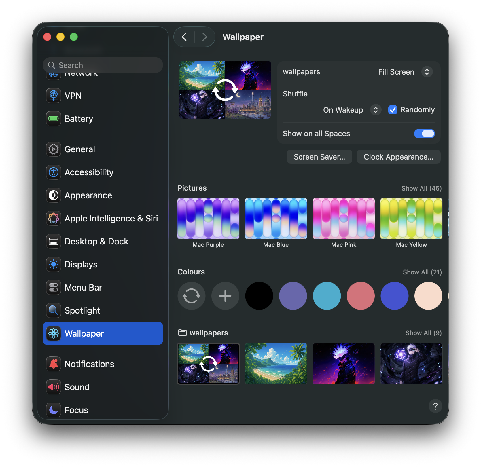 macOS Wallpaper settings with the bundled wallpapers folder set to shuffle randomly on wakeup
